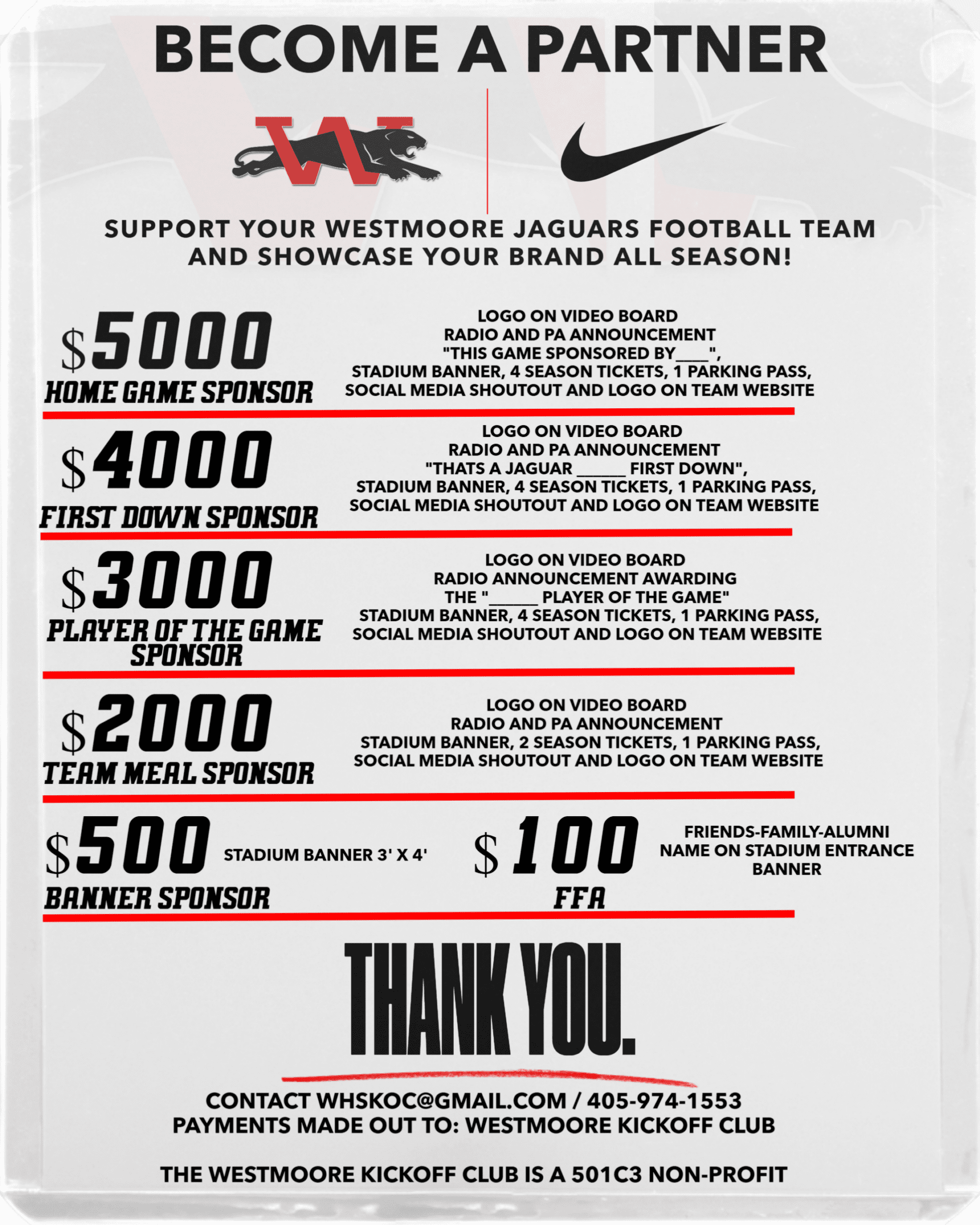 Westmoore Football Sponsor Levels